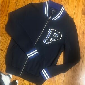 Navy Jacket with Bold 'P' Logo and Stripes